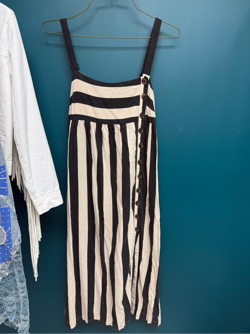 Urban Outfitters Black and Cream Striped Maxi Skirt with Side Buttons